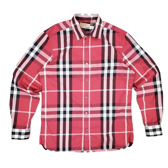 Burberry London Red Check Stretch Button Down Longsleeve Shirt M Cotton Luxury - Picture 1 of 12